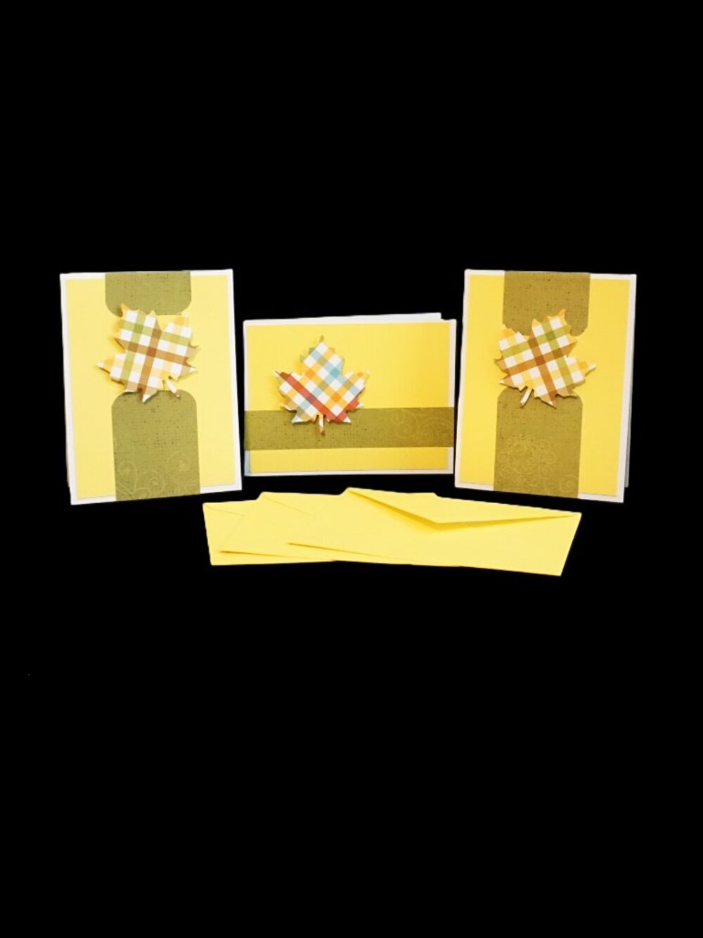 Set of 3 Handmade Plaid Leaf Print Blank Note Cards with Yellow Envelopes